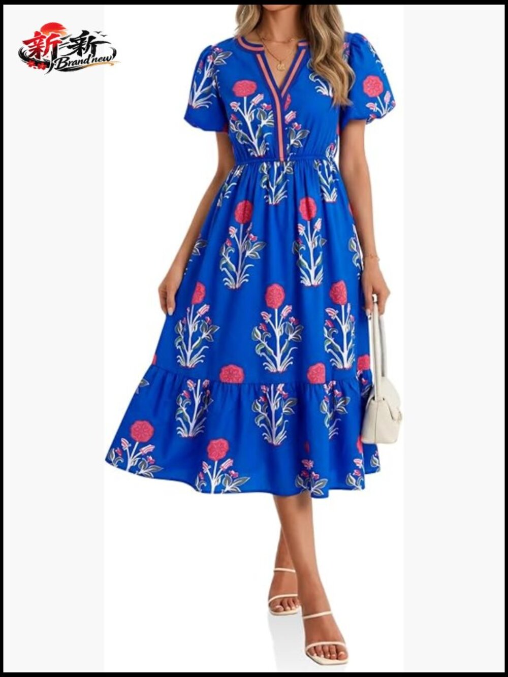Floral Print Maxi Dress V Neck Puff Sleeve Boho Beach Casual Summer